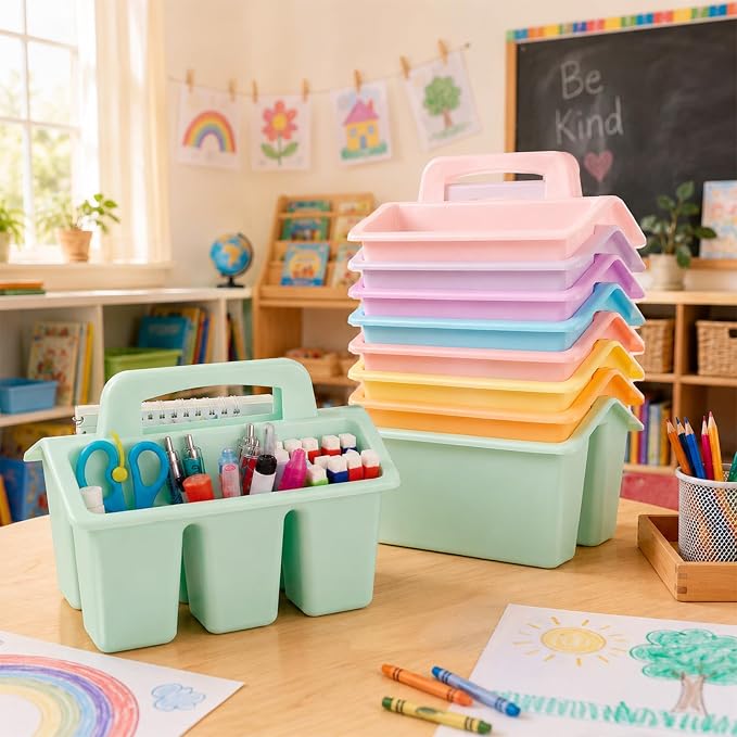 8 Pack Classroom Caddy Storage Basket with Handle 4 Compartment Storage Caddy Plastic Arts Crafts Caddies Protable Classroom Craft Caddies for Kids Schools Art Craft Supplies(Pastel)