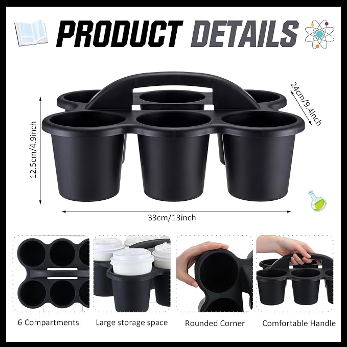 Reallnaive 6 Pack Classroom Caddy Plastic Cup Crayon Pen Holder with Handle, 6-hole Cup Storage Art Caddies Table Organizer for Drink Delivery Pencil Pen School Office Art Crafting (Black)