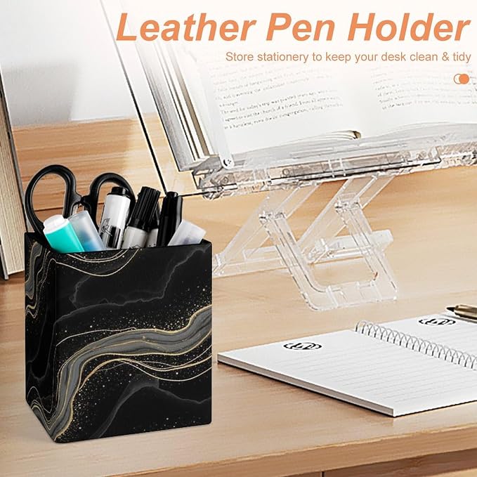 Fashion Pencil Pen Holder Cup, Waterproof Office Supplies, Waterproof Multifunctional Office Supplies Black Marble Gold Line