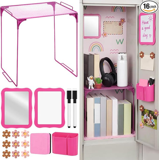 Colarr 16 Pcs Rose Red Locker Accessories for Girls Includes Magnetic Whiteboard & Mirror Locker Shelf Pen Holder 2 Dry Erase Marker & Eraser 9 Flowers for Back to School Essentials Decoration