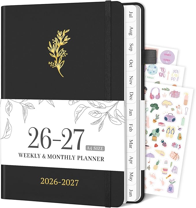 Planner 2026-2027, 8.5" x 11" Weekly and Monthly Planner with Tabs from Jul 2026 - Jun 2027 Academic Year, A4 Large Hardcover Agenda Calendar with Date for School & Office Schedule, Black
