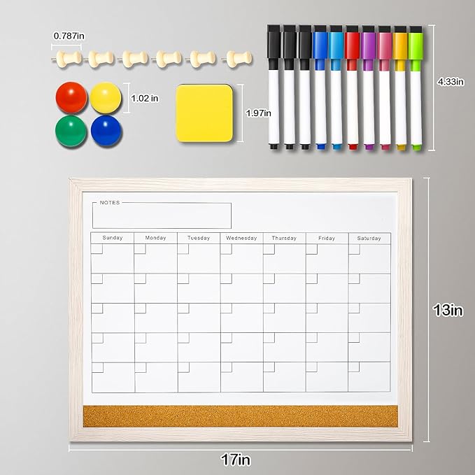 Dry Erase Calendar Whiteboard for Wall - 17x13 Inch Magnetic Whiteboard, Reusable Monthly Planner Board for Home Office, Classroom, Teachers & Students (White)