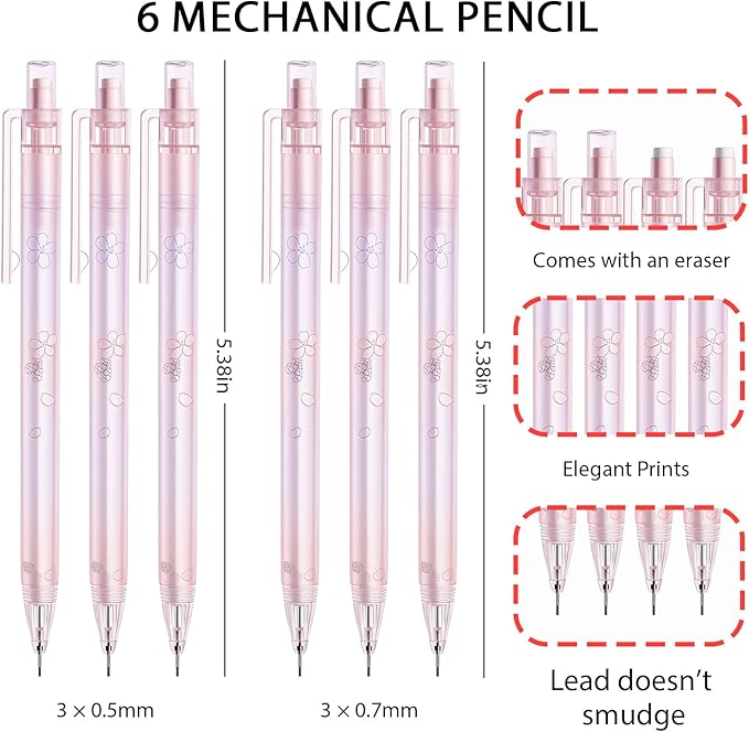 6Pcs Coquette Pink Cherry Blossom Mechanical Pencils Cute 0.5mm&0.7mm Mechanical Pencil Kawaii Pencils School Pencil for Students Women Office School Suppies
