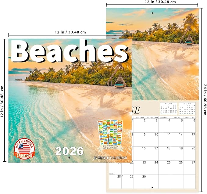 Tropical Beaches Calendar 2026 - Sandy Beaches 2026 Wall Calendar, Includes 100+ Reminder Stickers | 12" x 24" Open | Giftable | Made in The USA