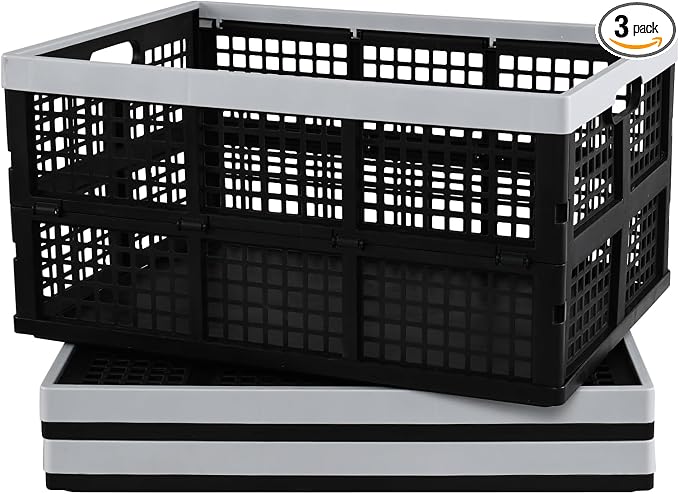 3-Pack Large Plastic Folding Storage Crates, 66 L Collapsible Storage Crates, Black