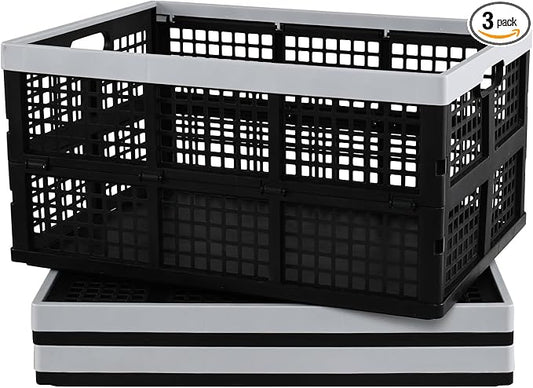 3-Pack Large Plastic Folding Storage Crates, 66 L Collapsible Storage Crates, Black