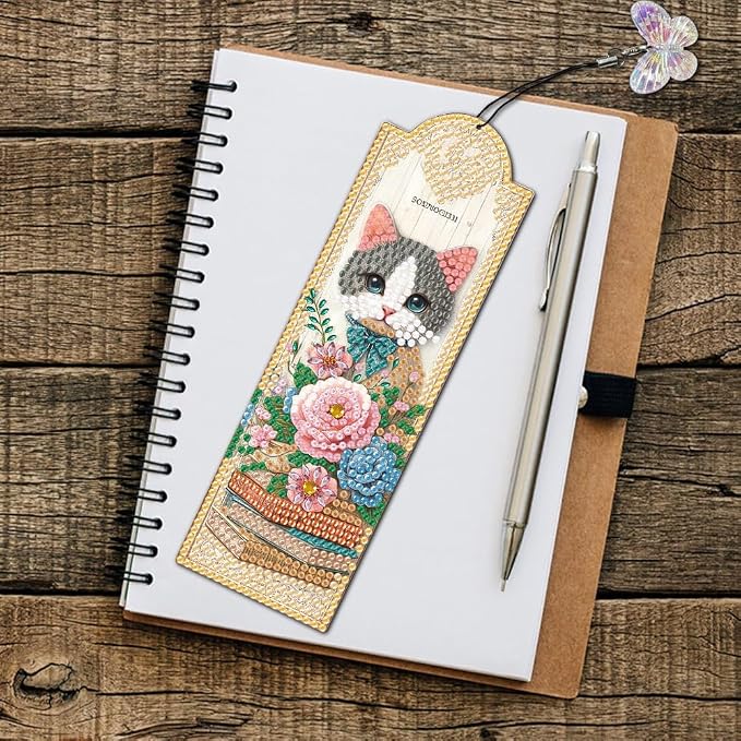 7PCS Cat Diamond Painting Bookmark DIY Diamond Art Kits for Adults, Acrylic Christian Diamond Art Bookmarks with Pendant for Book Lovers