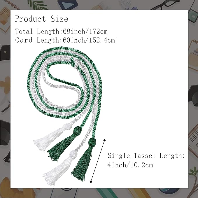 Graduation Double Honor Cords with Tassels Braided Academic Ropes for High School College Ceremony 68 Inch (Kelly Green+White)