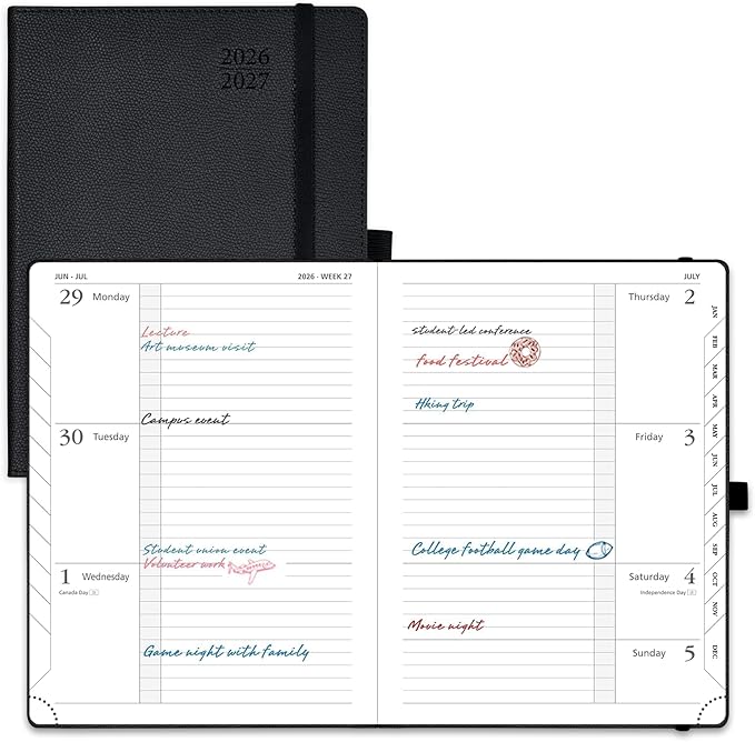 POPRUN Planner 2026-2027 (Medium 6.75"x 8.75"), Horizontal Weekly Notebook Jul.2026 - Jun.2027, Academic Appointment Book with Monthly Tabs, Leather Hardcover, Inner Pocket, 100 GSM - Black