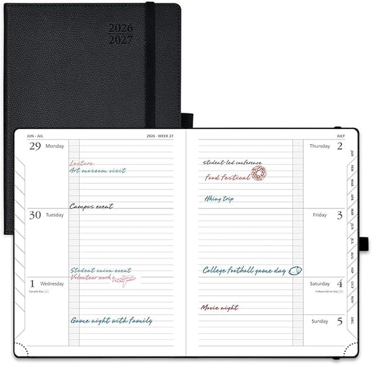 POPRUN Planner 2026-2027 (Medium 6.75"x 8.75"), Horizontal Weekly Notebook Jul.2026 - Jun.2027, Academic Appointment Book with Monthly Tabs, Leather Hardcover, Inner Pocket, 100 GSM - Black