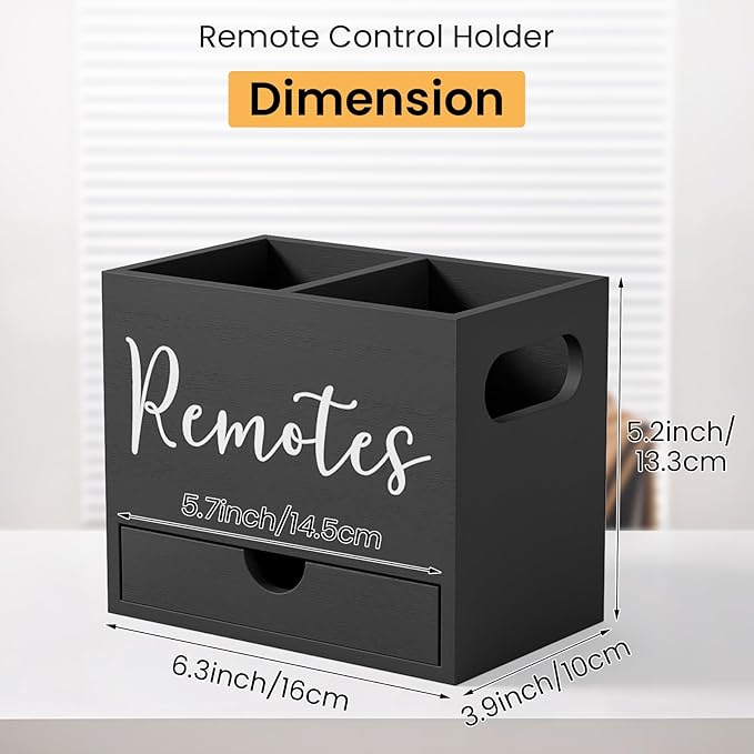 Remote Control Holder, TV Remote Holder with Drawer, Wood Remote Control Organizer for Table, Media Storage Box for Nightstand, Living Room (Black,2 Slots)