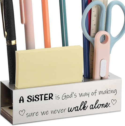 Christian Sister Pencil Holder for Desk, Religious Gift for Women Girls, Engraved Bible Verse Office Organizer for Pens Notes Scissors, Inspirational Christian Desk Decor for Sister Friend - FBA397