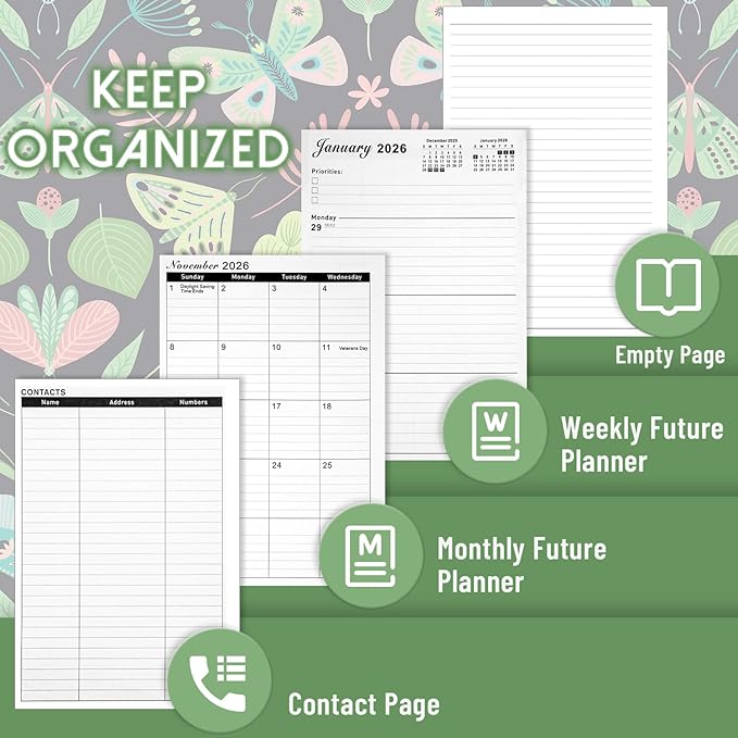 Academic Planner 2026, Daily Weekly and Monthly Planner, Jan. 2026 - Dec. 2026, Calendar Planner with Monthly Tabs, Planning Organize Notebook for Work, 8.5'' x 6.2'', Green Butterfly