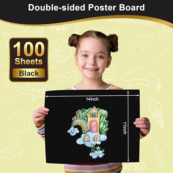 100 Pcs Black Poster Board Paper 11x14, ROOKEA Vision Boards Posterboard Bulk for School Projects Classroom Arts Craft Presentations Drawing Scrapbooking Blank Graphic Display