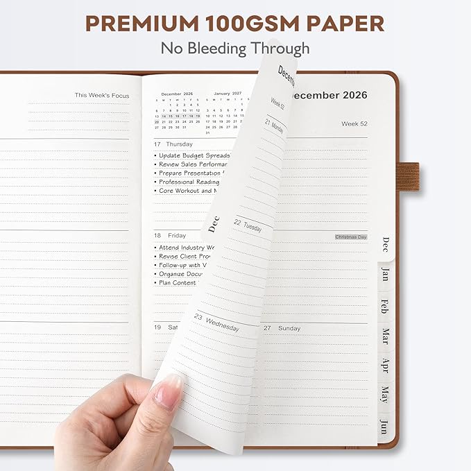 OMEYA Leather Academic Planner 2026-2027: A5 Brown Business Weekly & Monthly Planner for Work, July 2026 – June 2027, 100gsm Thick Paper, Durable Stitched Binding, Tabs, Pen Loop, Pocket