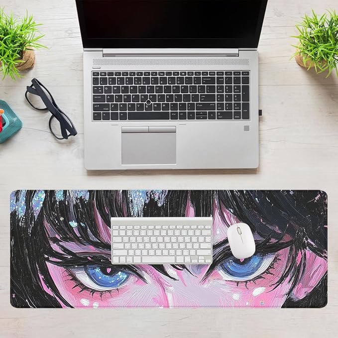 Anime Eyes Desk Pad Mouse Pad Blue Sparkle Oil Brush Art Extended Gaming Mousepad Mat with Stitched Edge Non-Slip Base Big Mousepad Office Home Decor for Women Girl 31.5"x11.8"