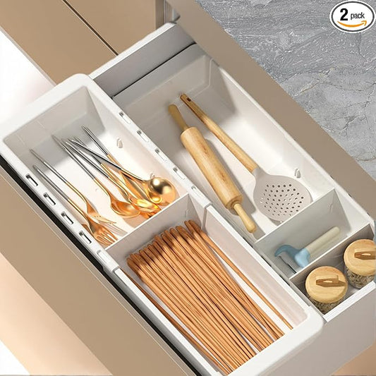Deep Drawer Organizer, Expandable Storage Trays with Adjustable Dividers, 18.11” White Plastic Storage Tray for Office Supplies, Kitchen,Bathroom,Junk & Tool Drawers, Makeup - 2 Pack
