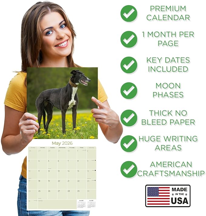 Greyhound Calendar 2026 by MegaCalendars – Monthly Dog Breed Wall Calendar, Made in USA