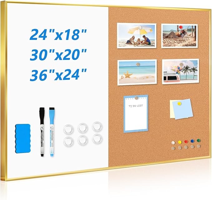 White Board Cork Board Combo, 30" x 20" Magnetic Dry Erase Whiteboard and Corkboard for Wall, Vision Board for Home Office School, Gold Aluminum Frame