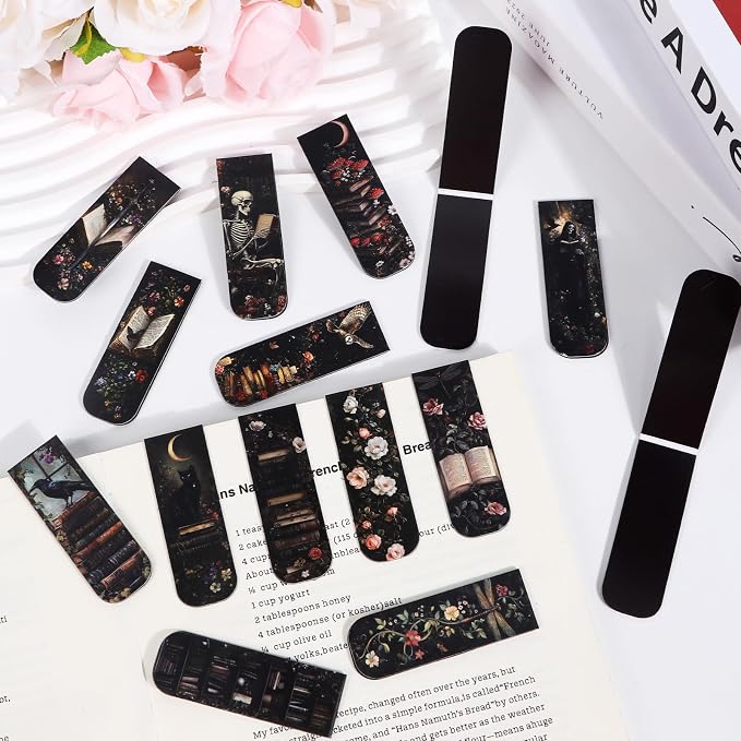 Wxiben Dark Academia Magnetic Bookmark - 30 Pcs Gothic Flower Book Mark Magnets Retro Aesthetic Bookmarks Magnetic Skull Plants Dragonfly Book Markers Page Clip for Women Students Teacher Reading Gift