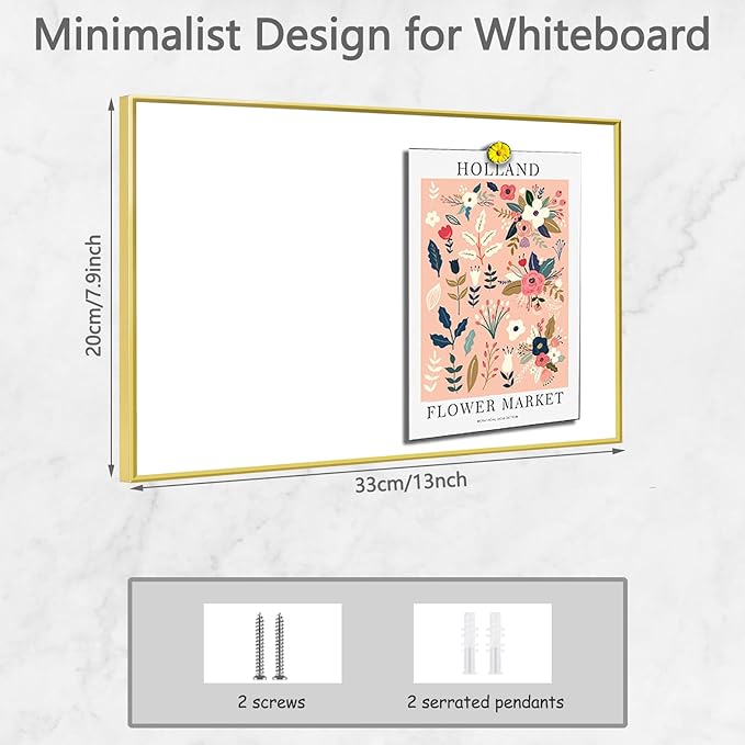 Dry Erase White Board, 8"x 13" Gold Aluminum Frame Magnetic Whiteboard for Wall Office/School/Home, Hanging Board for Decoration/Planning/Kitchen Grocery List/Drawing/Memo（BB-Gold-2033）