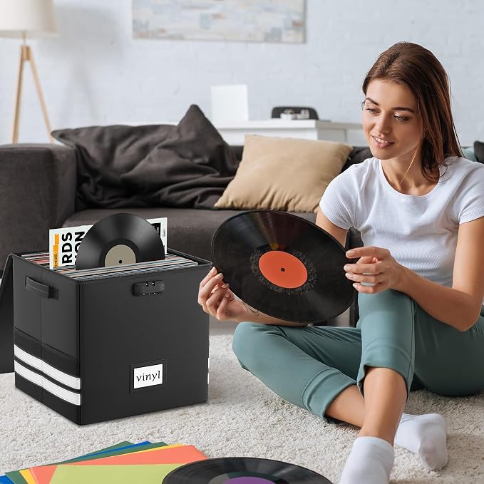 Onvvippiv Vinyl Record Storage Box with Lock, Fireproof Waterproof Resistant Organizer for 100+ 12-Inch Records - Collapsible Storage Box with Handles for Album Collection - Black