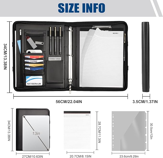 Padfolio, Portfolio Binder 3-Ring, Vegan Leather Portfolio for Students with Notepad Includes 5 Sheet Protectors for Documents Files, 1 Pen and 1 Detachable Shoulder Strap