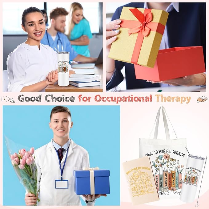 Fuutreo 3 Pcs Occupational Therapist Appreciation Gifts for Women, 20 oz Stainless Steel Tumbler Cup with Lid Canvas Tote Bag Leather Journal Thank You Gifts for OT Occupational Therapist Week