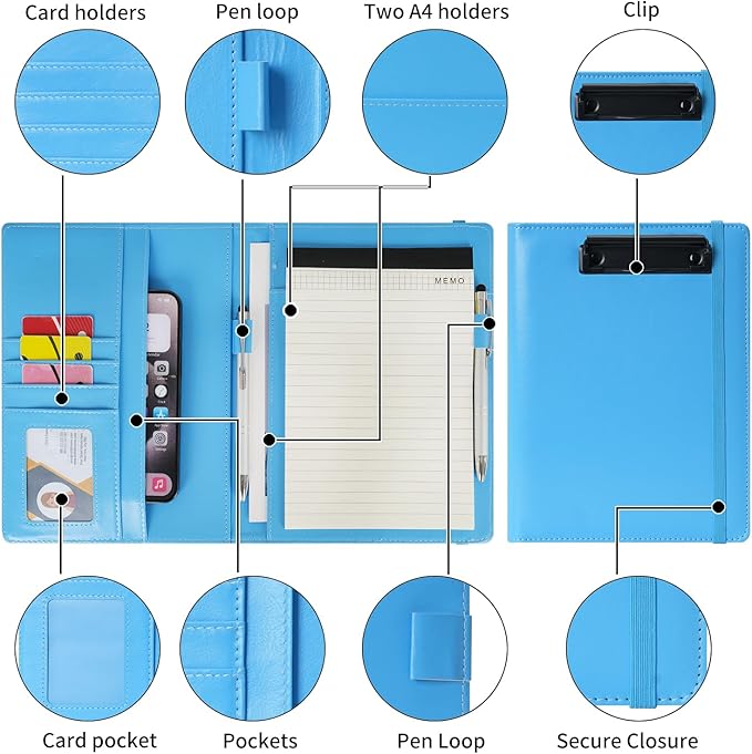 Wonderpool A5 PU Leather Clipboard Partfolio Notepad Forms Holders Document Case - Interview Planner Meeting Writing Padfolio File for Office Travel School Hotel (Sky Blue, A5)