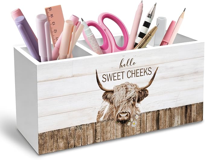 Rustic Highland Cow Bathroom Toothbrush Holder, Highland Cow Gifts Pen Pencil Organizer, Hello Sweet Cheeks Funny Animal Wooden Box Sign Decor for Home Bathroom Washroom Decoration