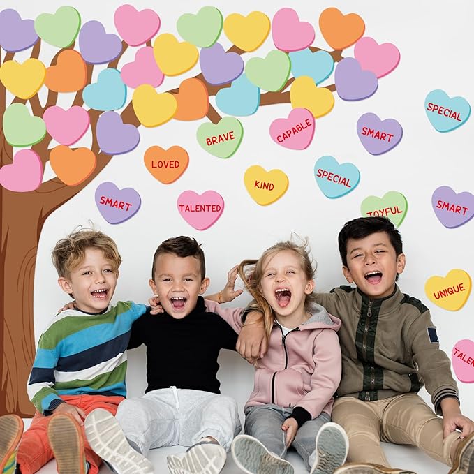 JarThenaAMCS 61Pcs Valentine's Day Classroom Bulletin Board Set Classroom Decoration Conversation Candy Heart Tree Cutout with Glue Points for School Wall Door Decor Party Supplies