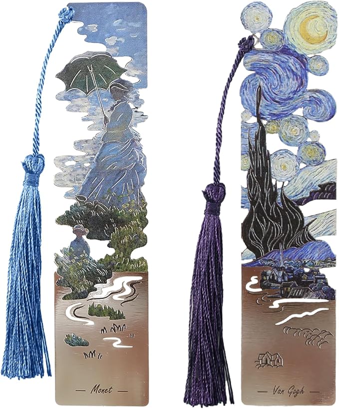 2 PCS Metal Bookmarks with Tassel, Starry Night Over The Rhone and Woman with a Parasol
