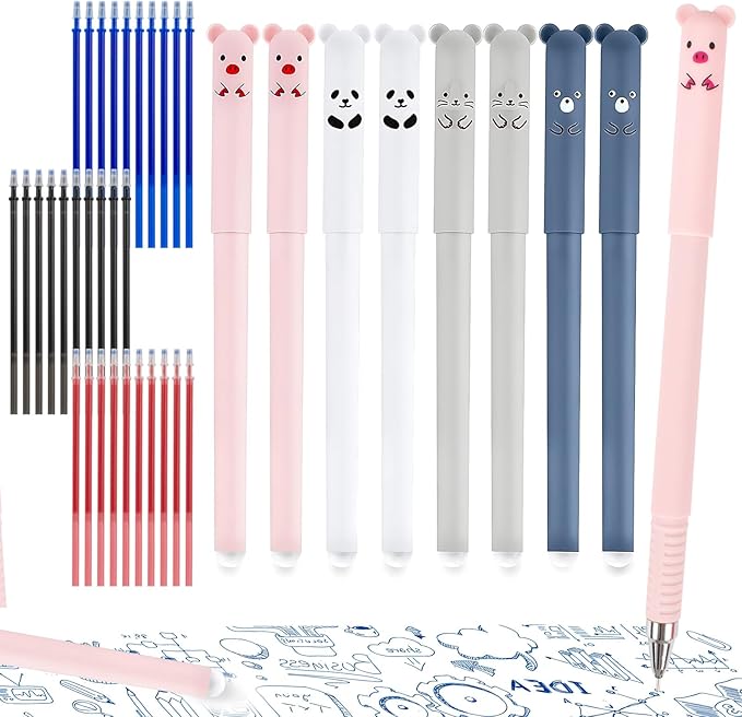 8pcs Erasable Gel Pens, 0.5mm Cute Erasable Pens Black and Blue with 30 Refills, Animal Rollerball Pens for Adult Writing Note Taking Office Supplies