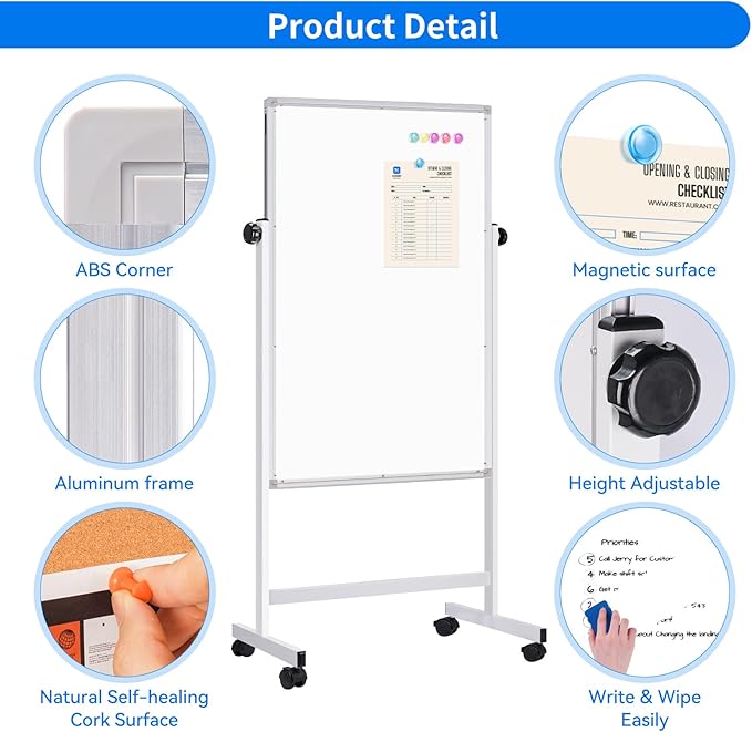 Mobile Whiteboard and Cork Board Combo, 48 x 32 Double-Sided Magnetic Dry Erase Board on Wheels, Height Adjustable Rolling Easel Board for Classroom, Office, Home