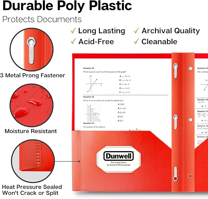 Dunwell Plastic Folders with 3 Prongs, (12 Pack, Red), 2-Pocket Folders with Fasteners, Durable Acid-Free Poly for Long Term Use, Labels Included