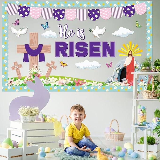 Easter Bulletin Board Decorations He is Risen Bulletin Board for Church Christian Jesus Classroom Decoration Spring Risen Cross Cutouts for Religious Sunday School Class Church Chalkboard Wall Decor