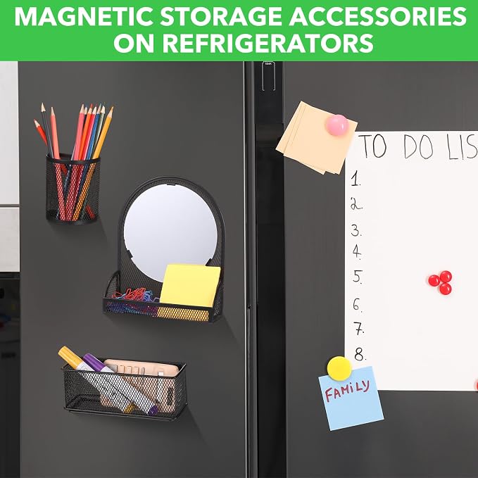 Weysat Set of 5 Magnetic Locker Accessories Mirror with 2 Magnetic Pen Holder and 2 Wire Mesh Storage Basket for Students Back to School Locker Organizer for School Office(Black)