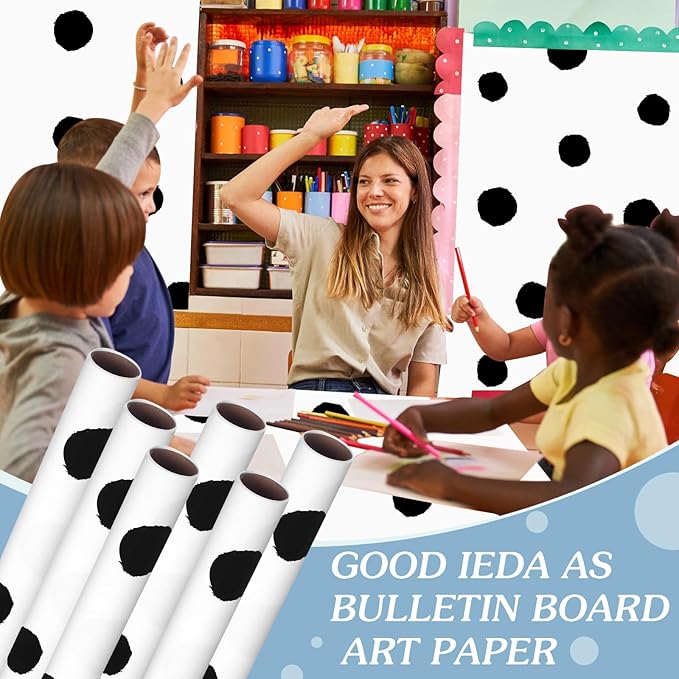Skyygemm 6 Rolls Classroom Bulletin Board Paper Roll Polka Dot 4 x 12 ft Fade Resistant Colored Background Paper Bulk for Art Decor Drawing Craft(Cute White)