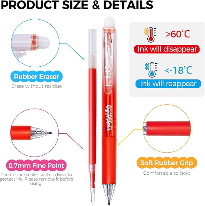 TBC The Best Crafts Erasable Pens, 24 Colors Retractable Erasable Gel Pens, Make Mistakes Disappear Pens Erasable, Fine Point 0.7 mm Colored Pens, Gel Ink Pens For School Supplies & Office Writing.