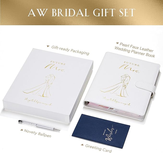 AW BRIDAL Future Mrs Wedding Planning Book and Organizer Gift Set, Destination Wedding Planners, White Proposal Planner Gift for Bride to Be and Engaged Couple, Cool Engagement Gifts for Her
