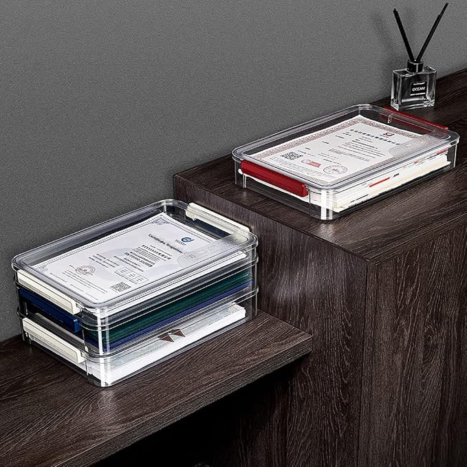 2 Pack Document Storage Clear Plastic Storage Boxes with Lids Stackable Storage Bins Paper Storage Box Containers for Organizing A4 File Paper, Document, Photo, Scrapbook