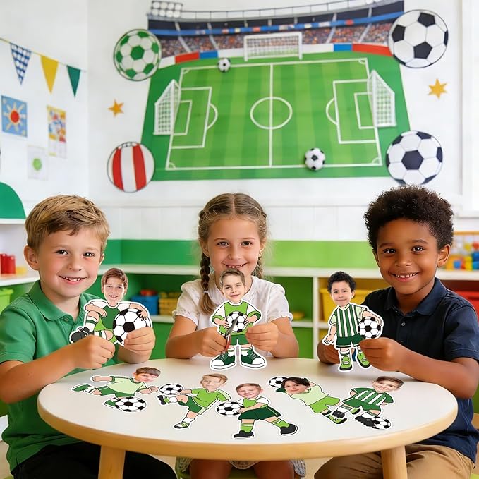 Whaline 50 Pcs Soccer Ball DIY Cutouts Sports Ball Cut-Outs Soccer Player Paper Cutting with 100 Pcs Glue Points for Crafts Birthday Party Classroom Bulletin Board Photo