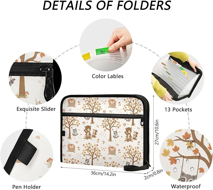 Cute Woodland Animals Beige File Folders,Plastic Folders with 13 Pockets,Expandable File Folder for Documents School Students Office,Aesthetic Folder with Labels A4 Letter Size