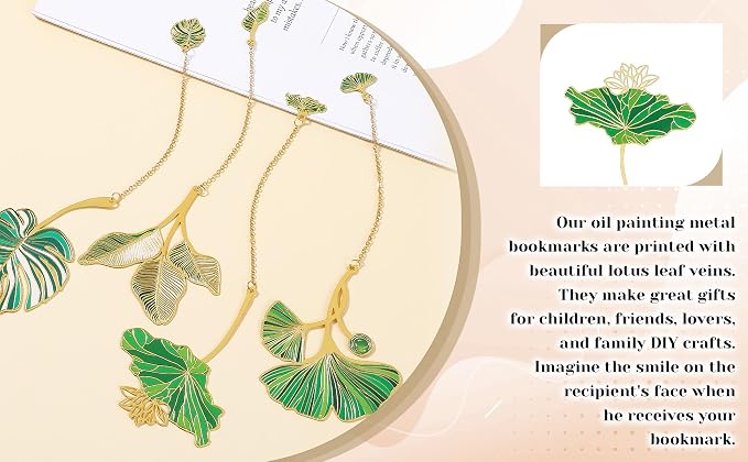 4pcs Metal Bookmarks with Chain Lotus Leaf Bookmark Birthday Gifts Teacher Christmas Gifts Unique Plant Gifts Literary Accessory Appreciation Stuffers for Women Grils Readers Writers Book Lovers