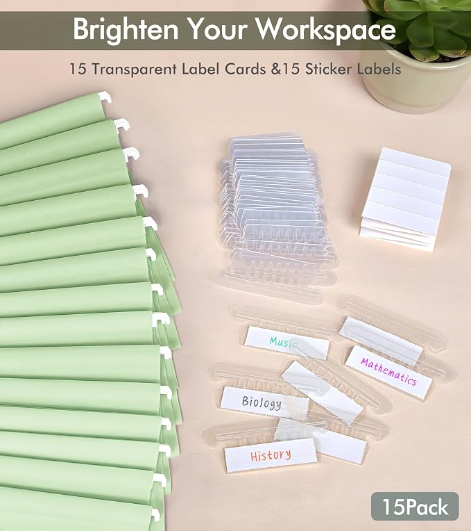 Plastic Hanging File Folders Letter Size, Colored Hanging File Folders with Tabs, Durable Waterproof Plastic Hanging Folders for Filing Cabinets, Office, School & Home Organization (15, Green)