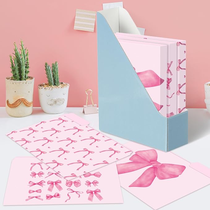 Xqumoi 12Pcs Coquette Pink Bow File Folders, Letter Size Bowknot Decorative File Pockets with 1/3 Cut Tab Pretty Colored Folders for Office Home Classroom Supplies Documents Paper, 8.9 x 11.6 Inch