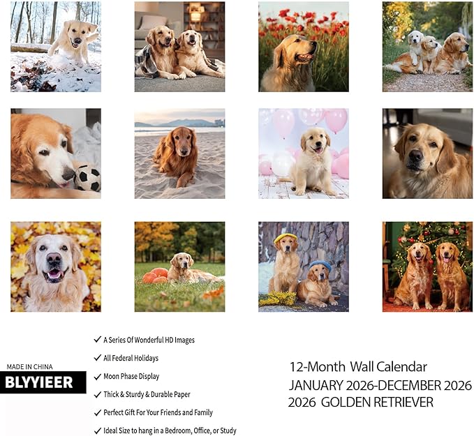 2026 Wall Calendar,Golden Retriever Wall Calendar, 12" x 24" Open,Family Planner Calendar Organizer with Golden Retriever Images, for Dogs Lovers