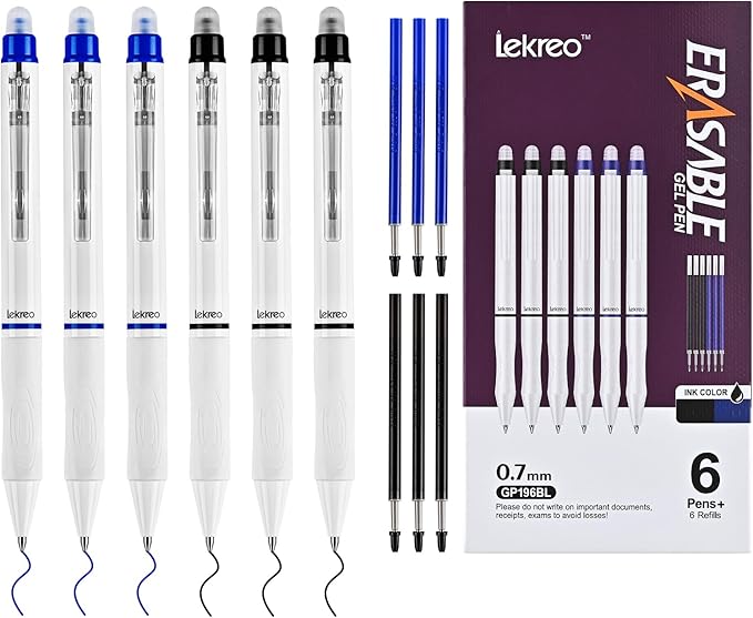 Erasable Gel Pens, 0.7mm Medium Point, 6 Count, Black and Blue Ink, Erasable Pens Clicker + 6 Counts Refills, Make Mistakes Disappear for Writing Planner Drawing and Crossword Puzzles