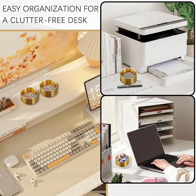 Stainless Steel Paper Clip Holder Organizer for Desk - Gold Round Office Supplies Accessories with Non-Slip Base, Deep Capacity for Binder Clips & Bobby Pins ﻿