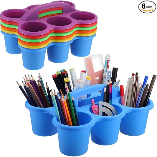 Reallnaive 6 Pack Classroom Caddy Plastic Cup Crayon Pen Holder with Handle, 6-hole Cup Storage Art Caddies Table Organizer for Drink Delivery Pencil Pen School Office Art Crafting (Bright Colors)